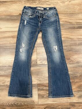 Y2K BKE Sabrina Flare Low Rise Jeans Size 28R Thick Stitch Distressed